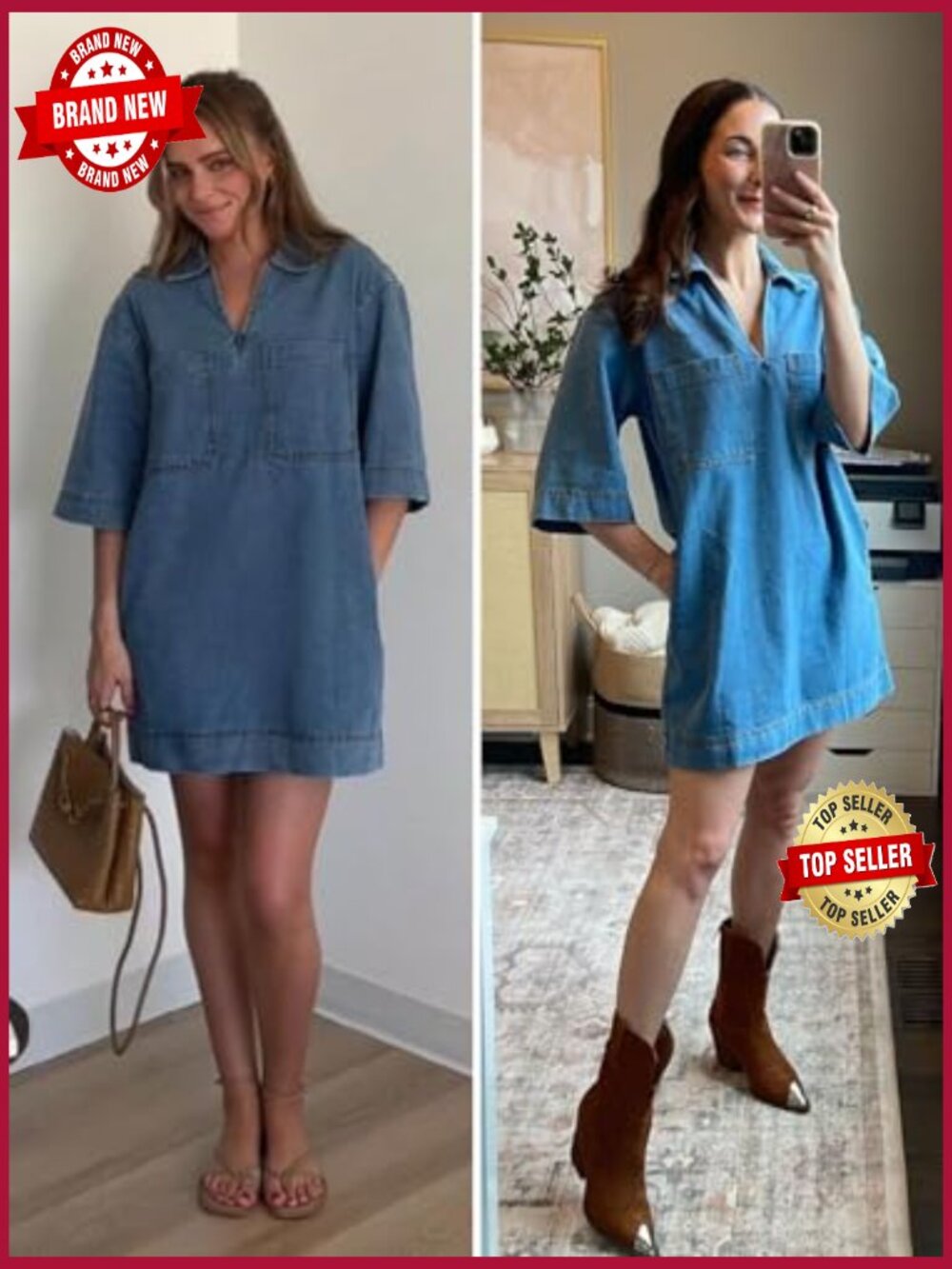 Denim Shirt Dress Mini Jean Dress with Pockets Deep V Neck - Picture 5 of 7